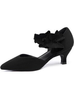 Women's Suede Black Low Kitten Heels Closed Toe Flower Slip on Formal Heel Pumps